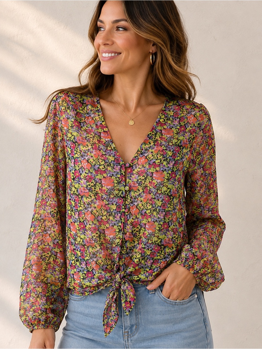 The East Order Floral Tie Front Blouse Long Sleeve US S